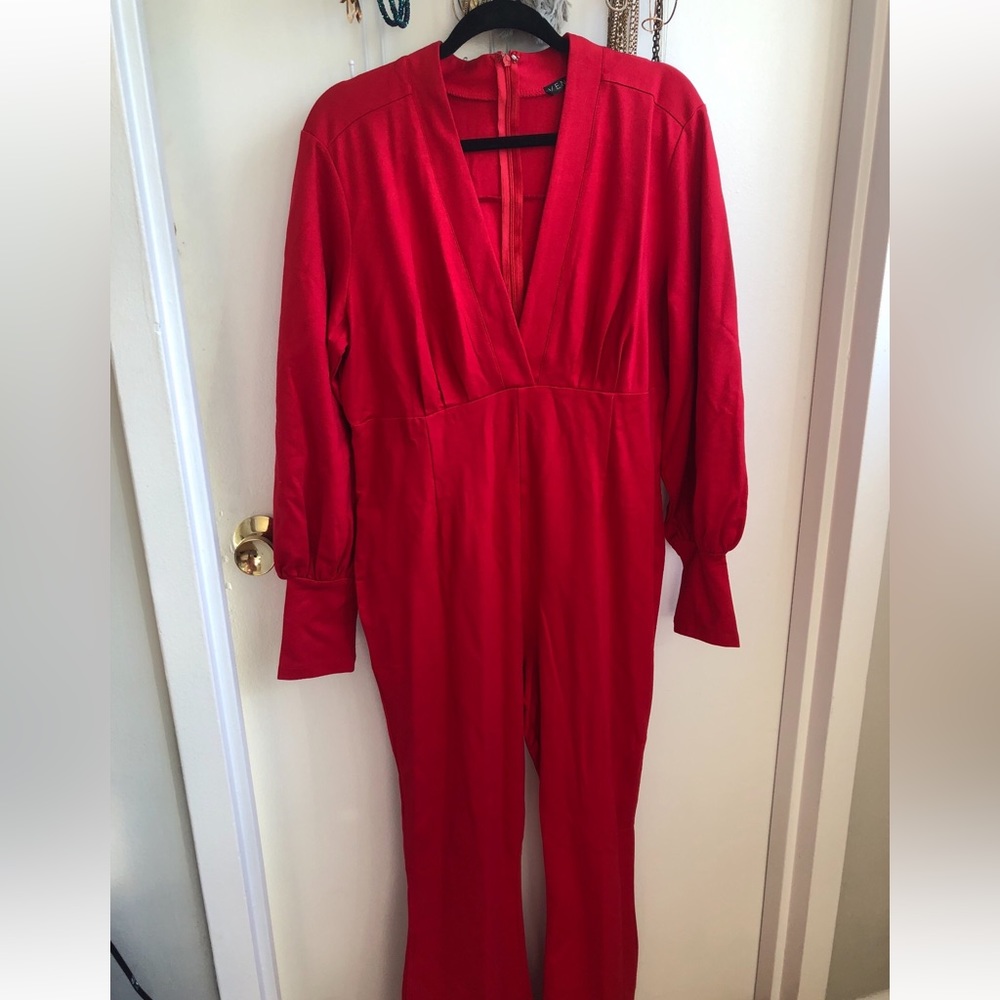 Women’s New Venus Low Cut Long Sleeve Red Jumpsuit